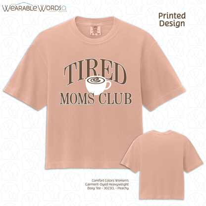 Tired Moms Club Graphic Tee | Coffee Tea Latte Vintage Varsity Print | Women's Boxy T-Shirt