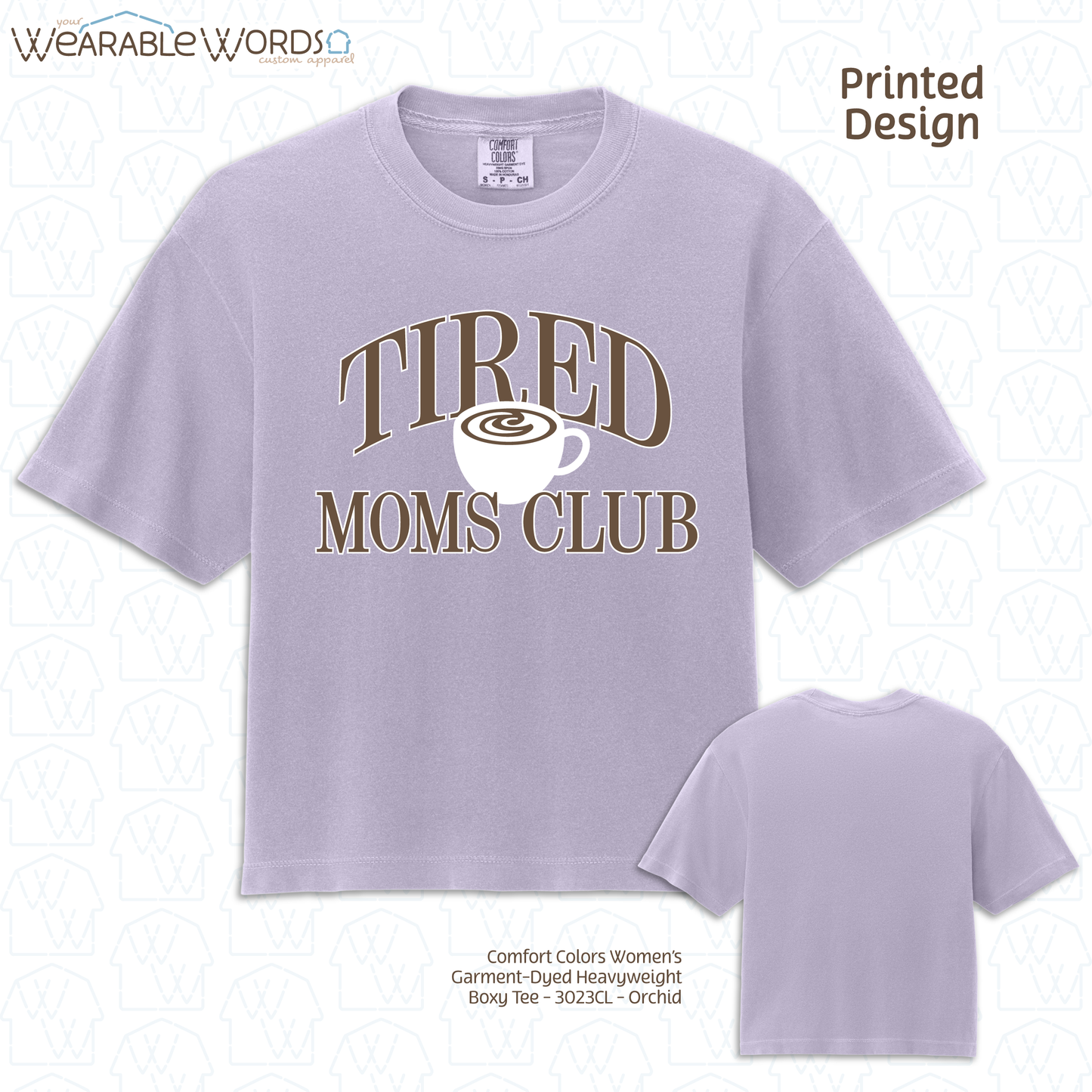 Tired Moms Club Graphic Tee | Coffee Tea Latte Vintage Varsity Print | Women's Boxy T-Shirt