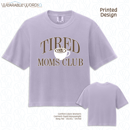 Tired Moms Club Graphic Tee | Coffee Tea Latte Vintage Varsity Print | Women's Boxy T-Shirt