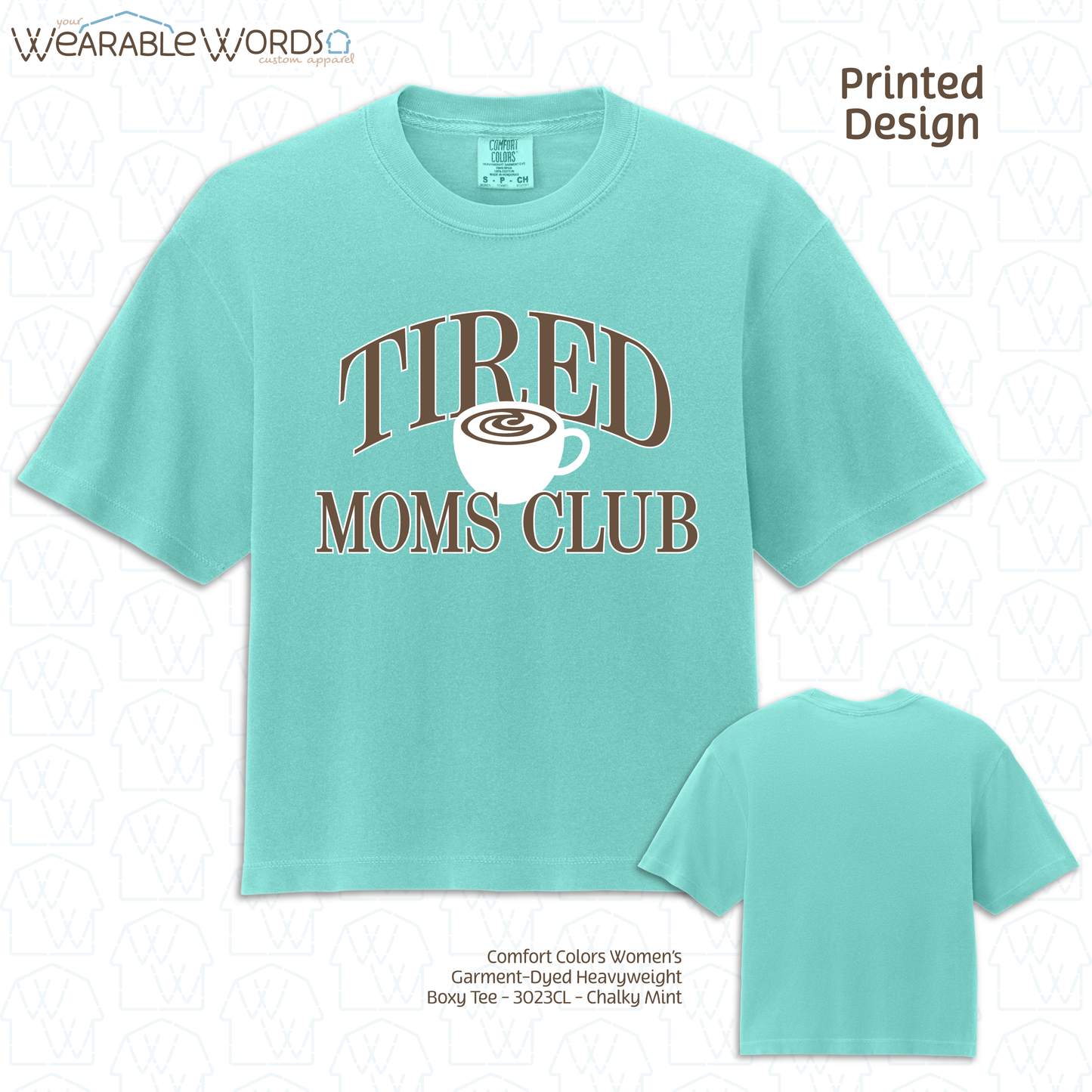 Tired Moms Club Graphic Tee | Coffee Tea Latte Vintage Varsity Print | Women's Boxy T-Shirt