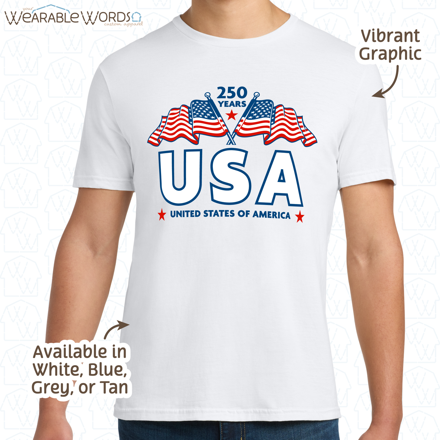 250 Years of USA Red White & Blue Graphic Tee | United States of America Flags Print | Unisex T-Shirt