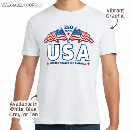 250 Years of USA Red White & Blue Graphic Tee | United States of America Flags Print | Unisex T-Shirt