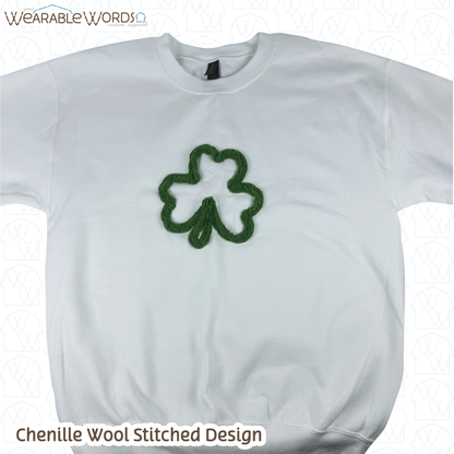 Clover Crewneck | Green Chenille Wool Embroidered Design | White Sweatshirt | Saint Patrick's Day