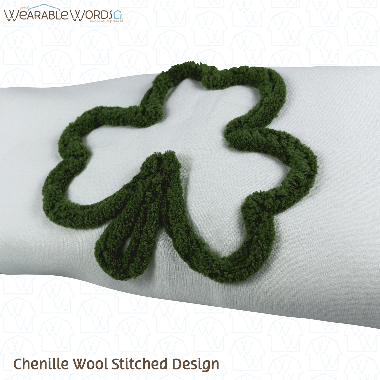 Clover Crewneck | Green Chenille Wool Embroidered Design | White Sweatshirt | Saint Patrick's Day