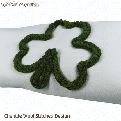 Clover Crewneck | Green Chenille Wool Embroidered Design | White Sweatshirt | Saint Patrick's Day