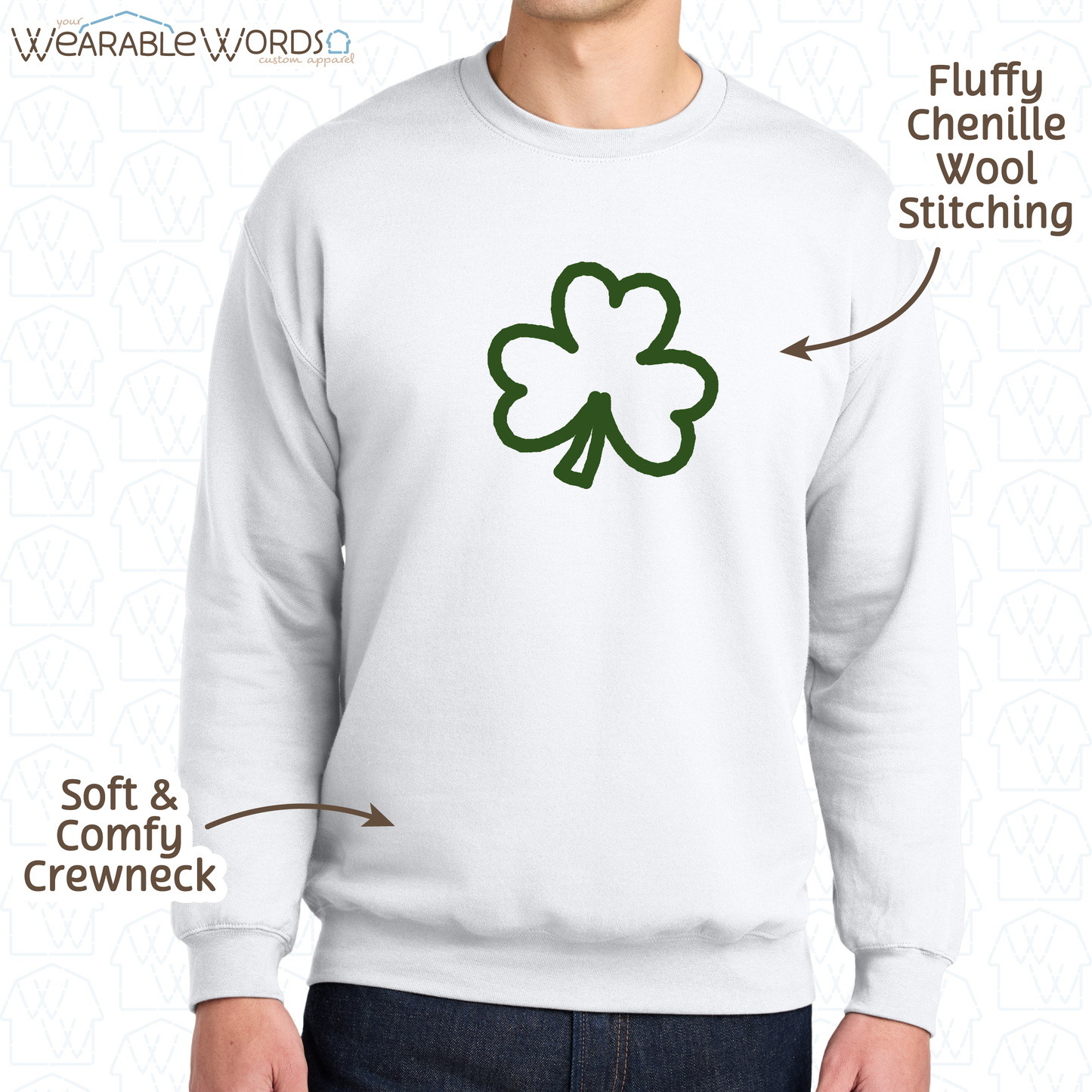 Clover Crewneck | Green Chenille Wool Embroidered Design | White Sweatshirt | Saint Patrick's Day