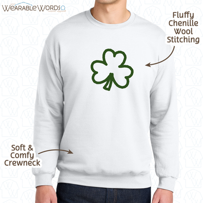 Clover Crewneck | Green Chenille Wool Embroidered Design | White Sweatshirt | Saint Patrick's Day