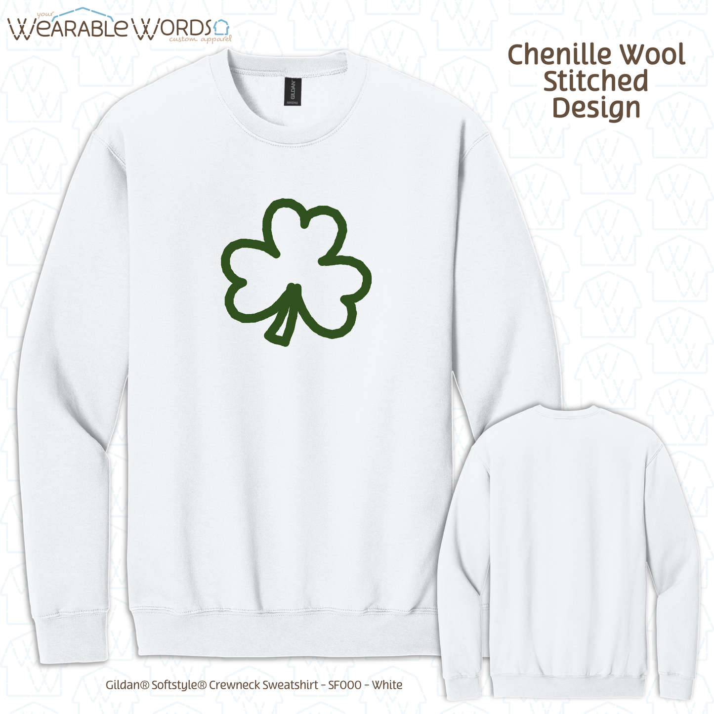 Clover Crewneck | Green Chenille Wool Embroidered Design | White Sweatshirt | Saint Patrick's Day