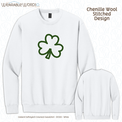 Clover Crewneck | Green Chenille Wool Embroidered Design | White Sweatshirt | Saint Patrick's Day