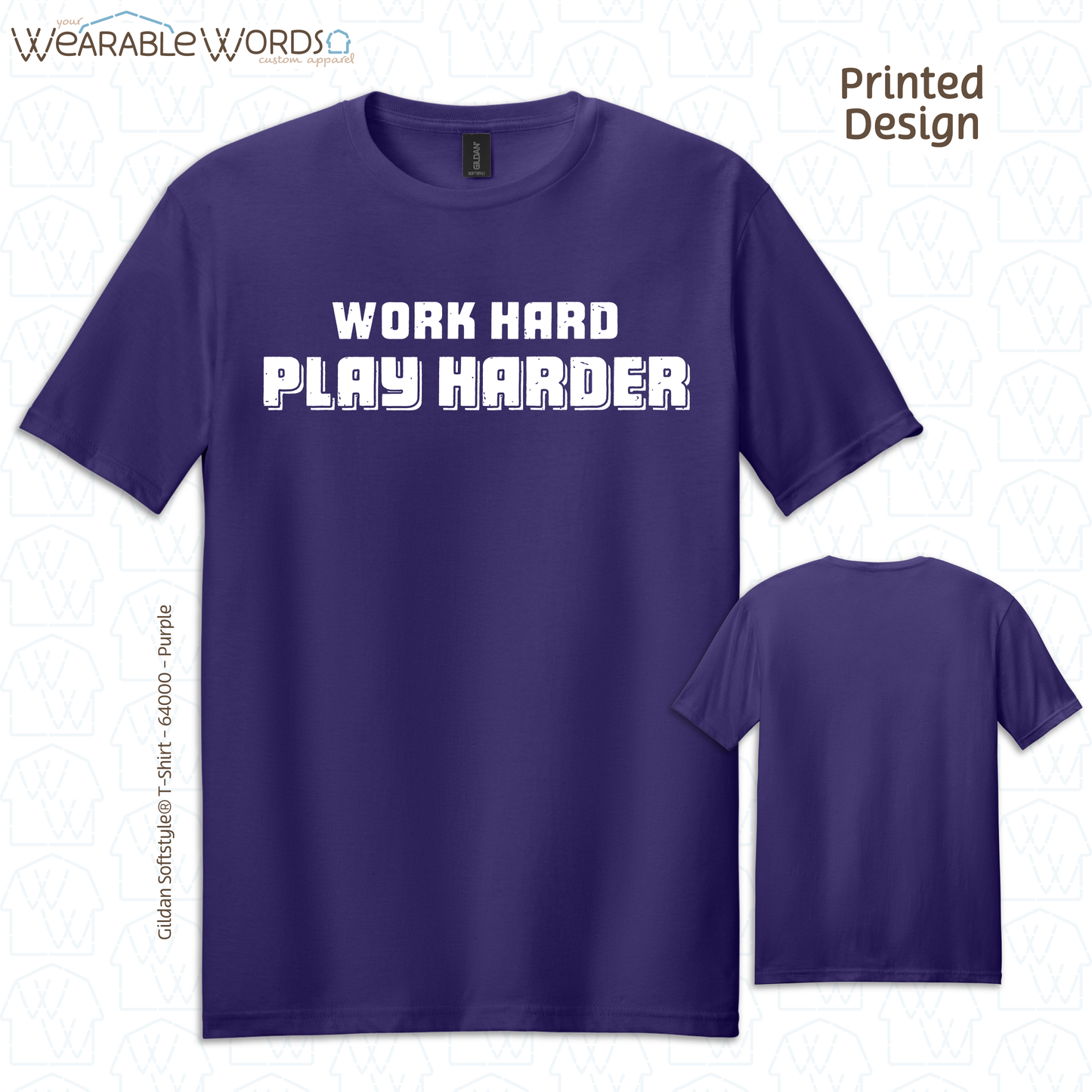 Work Hard Play Harder Print T-Shirt | Brown, Green, Navy, Purple, or Black Graphic Tee